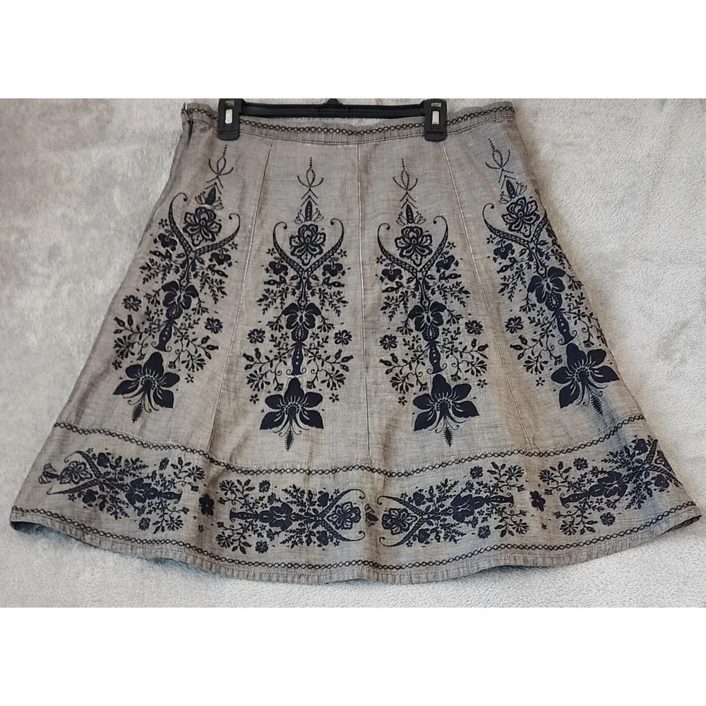 Next Petite Skirt Womens XL Grey Navy Blue Floral Embroidered Linen Blend
